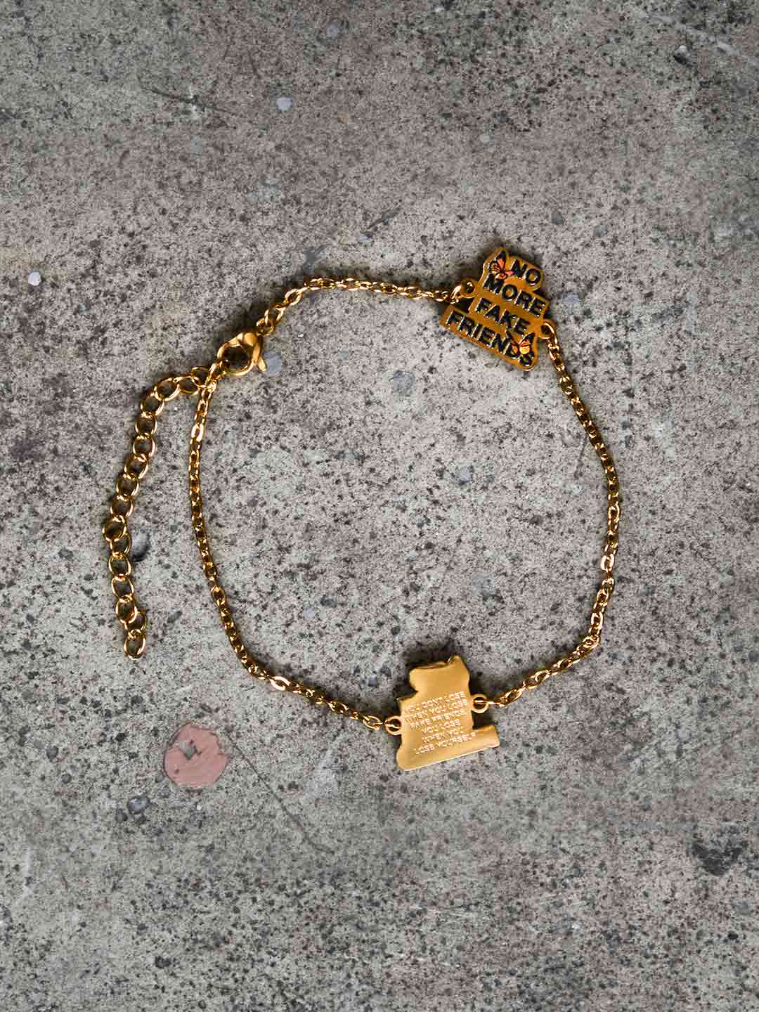 NO MORE FAKE FRIENDS vintage logo gold bracelet