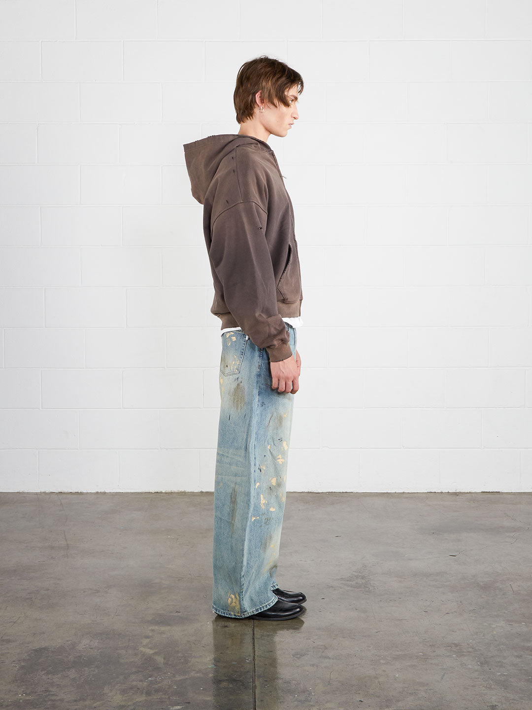 Washed Distressed Zip-Up Hoodie (Dark Grey)