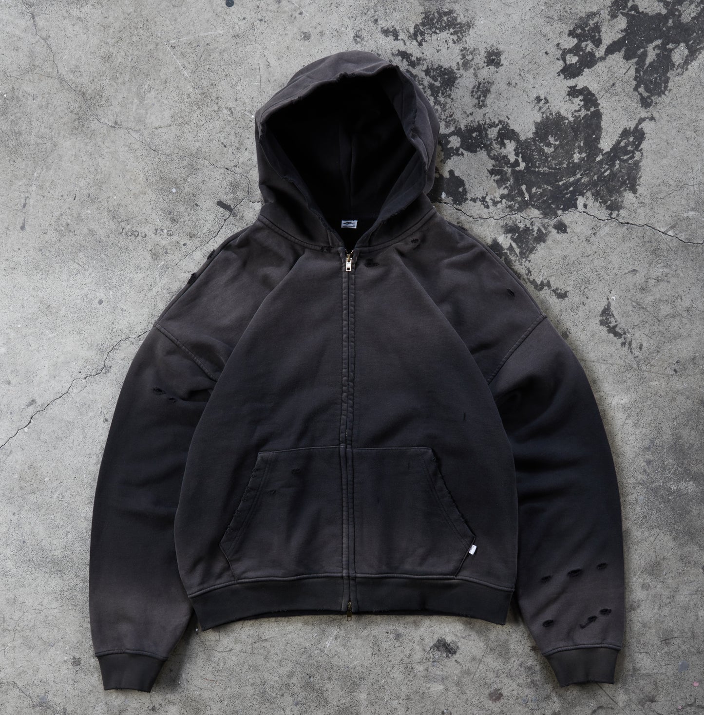Washed Distressed Zip-Up Hoodie (Sunfaded Black)