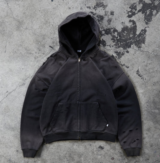 Washed Distressed Zip-Up Hoodie (Sunfaded Black)