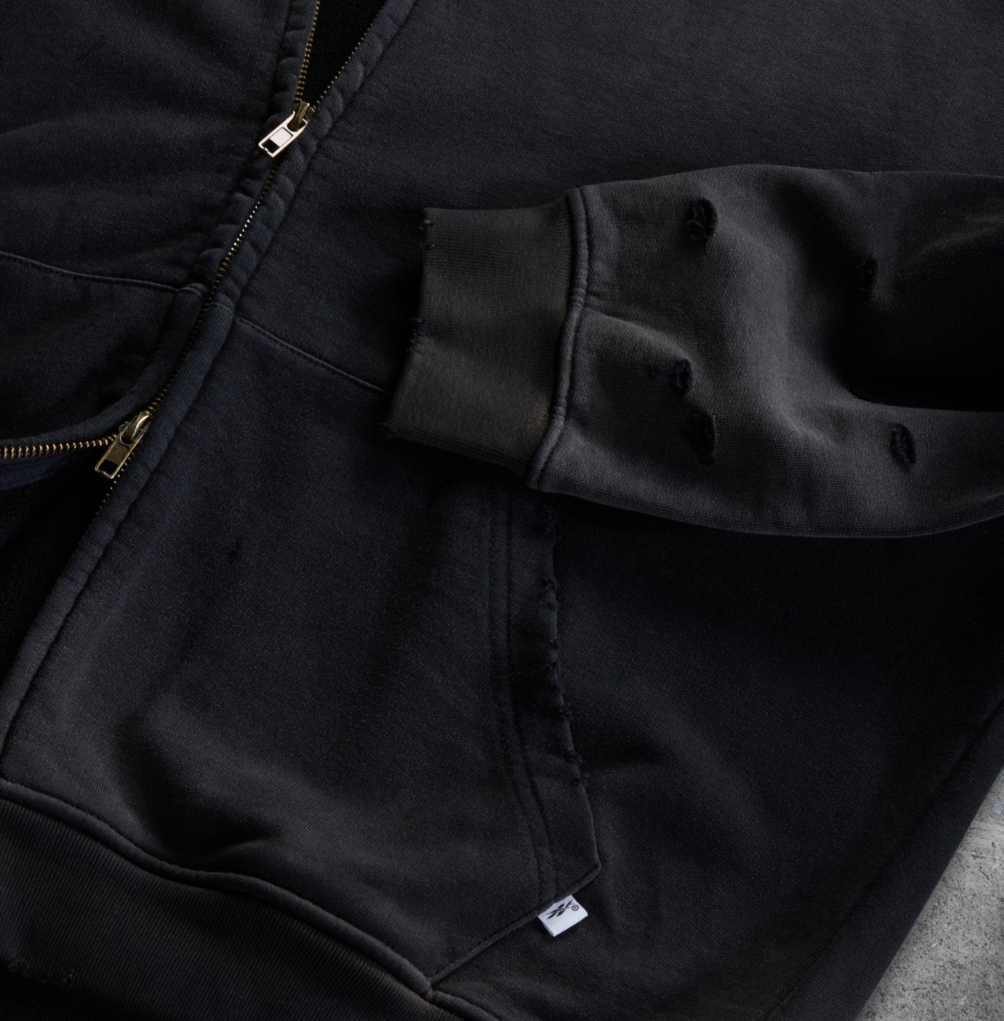 Washed Distressed Zip-Up Hoodie (Sunfaded Black)