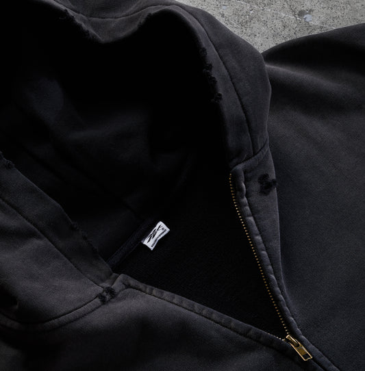 Washed Distressed Zip-Up Hoodie (Sunfaded Black)
