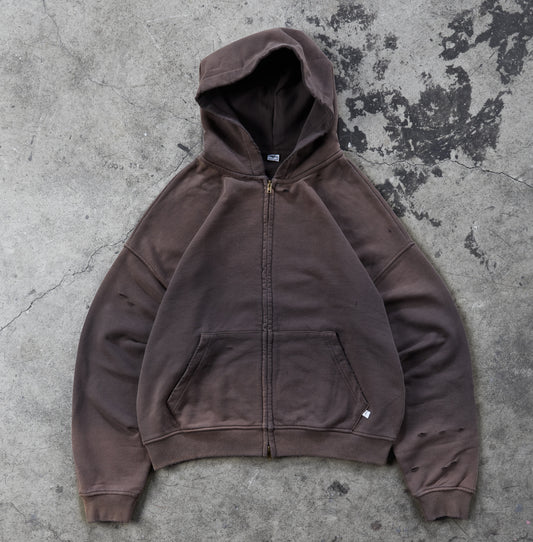 Washed Distressed Zip-Up Hoodie (Sunfaded Dark Grey)