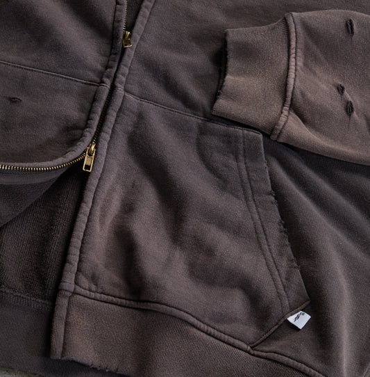 Washed Distressed Zip-Up Hoodie (Sunfaded Dark Grey)